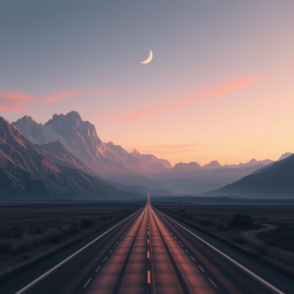 Sweeping Highway Under Twilight Sky with Crescent Moon