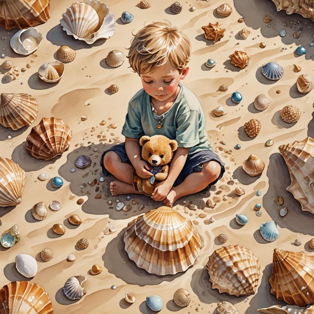 Boy and Bear in Seashell, Watercolor Fantasy Art