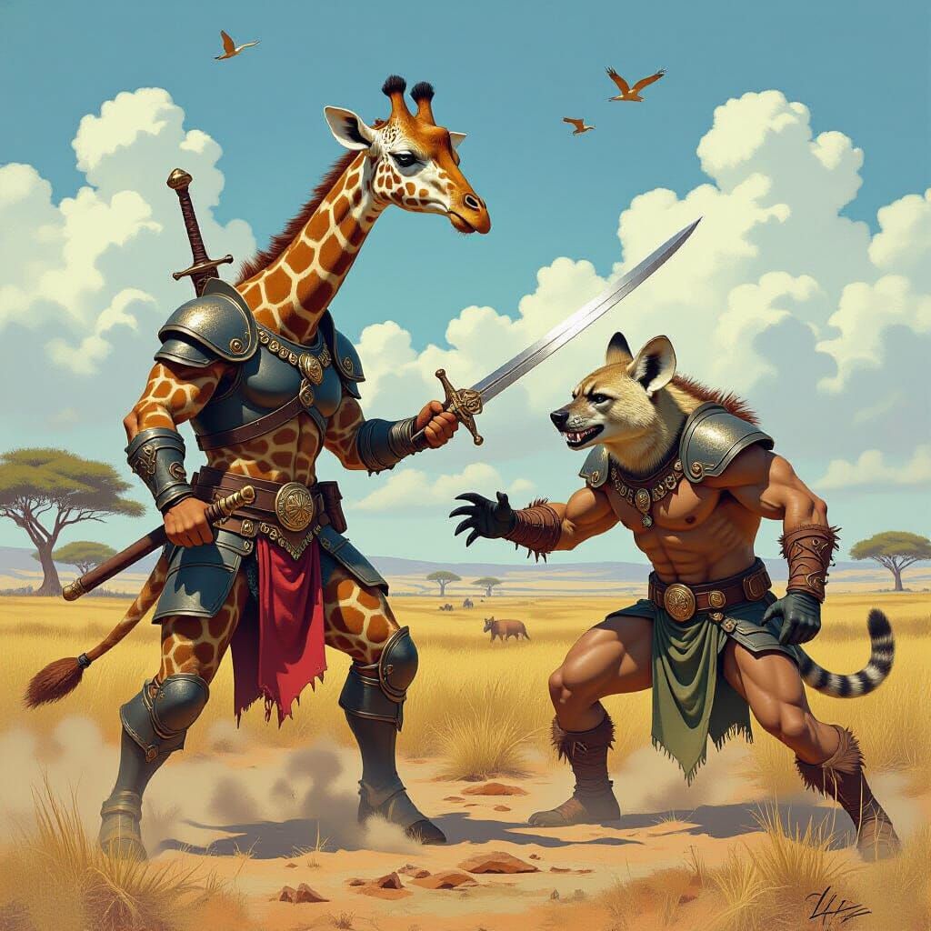 Giraffe Warrior Battles Hyena in Stalenhag Style