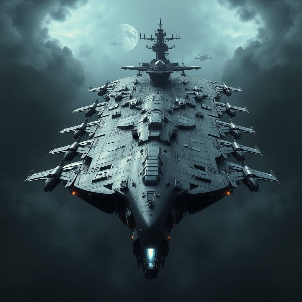 Gigantic Futuristic Flying Aircraft Carrier in Dark Grey and...