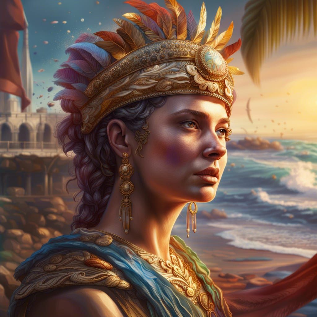 Hyperrealistic Roman Empress on a Beach