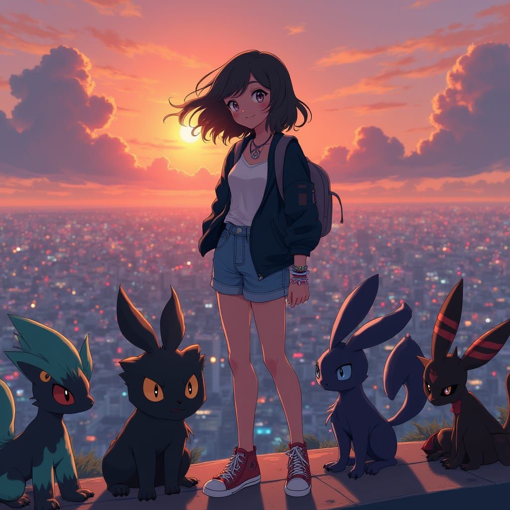 Pokémon Trainer Overlooking a Glowing City at Sunset