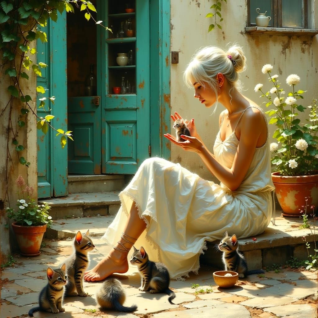 Surreal Close-up of a White-Haired Woman with Tabby Kittens ...