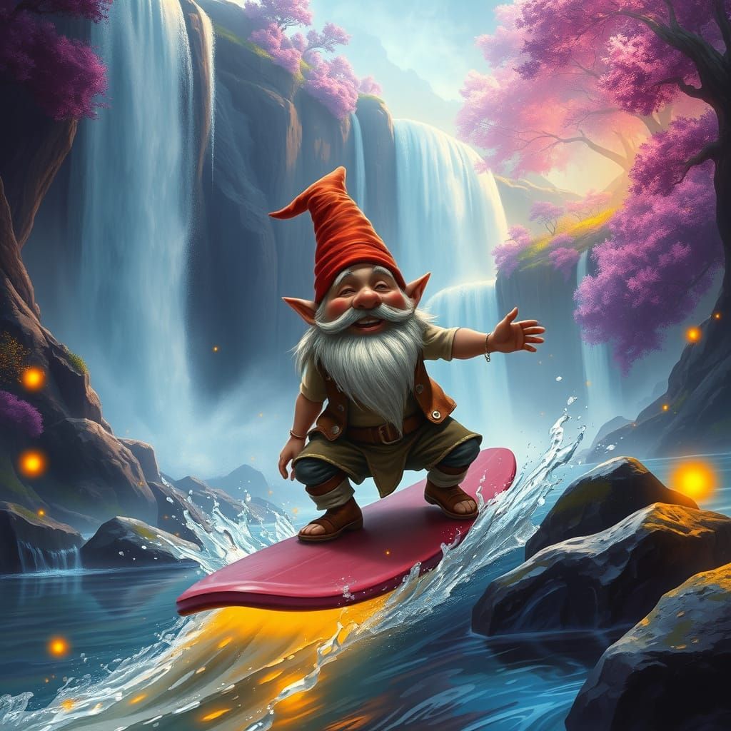 ultra-realistic image of a majestic, cascading waterfall in a vibrant, mystical landscape. There's a playful gnome ridin...