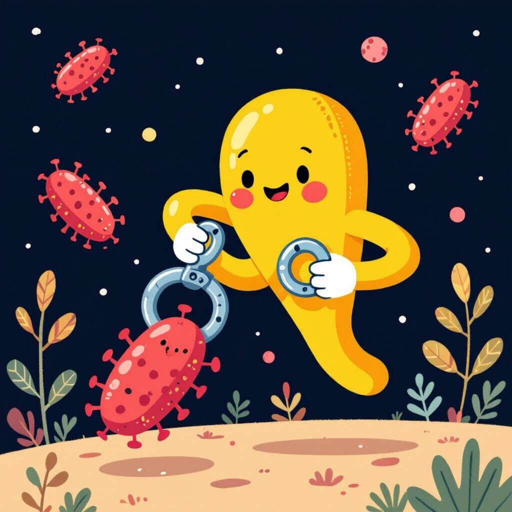 Cute Antibody Neutralizing Bacteria Cartoon in Children's Bo...