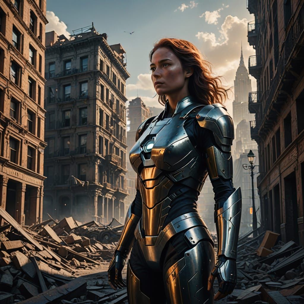 Grand, Ruined Cityscape with Iron Woman in Epic Cinematic St...