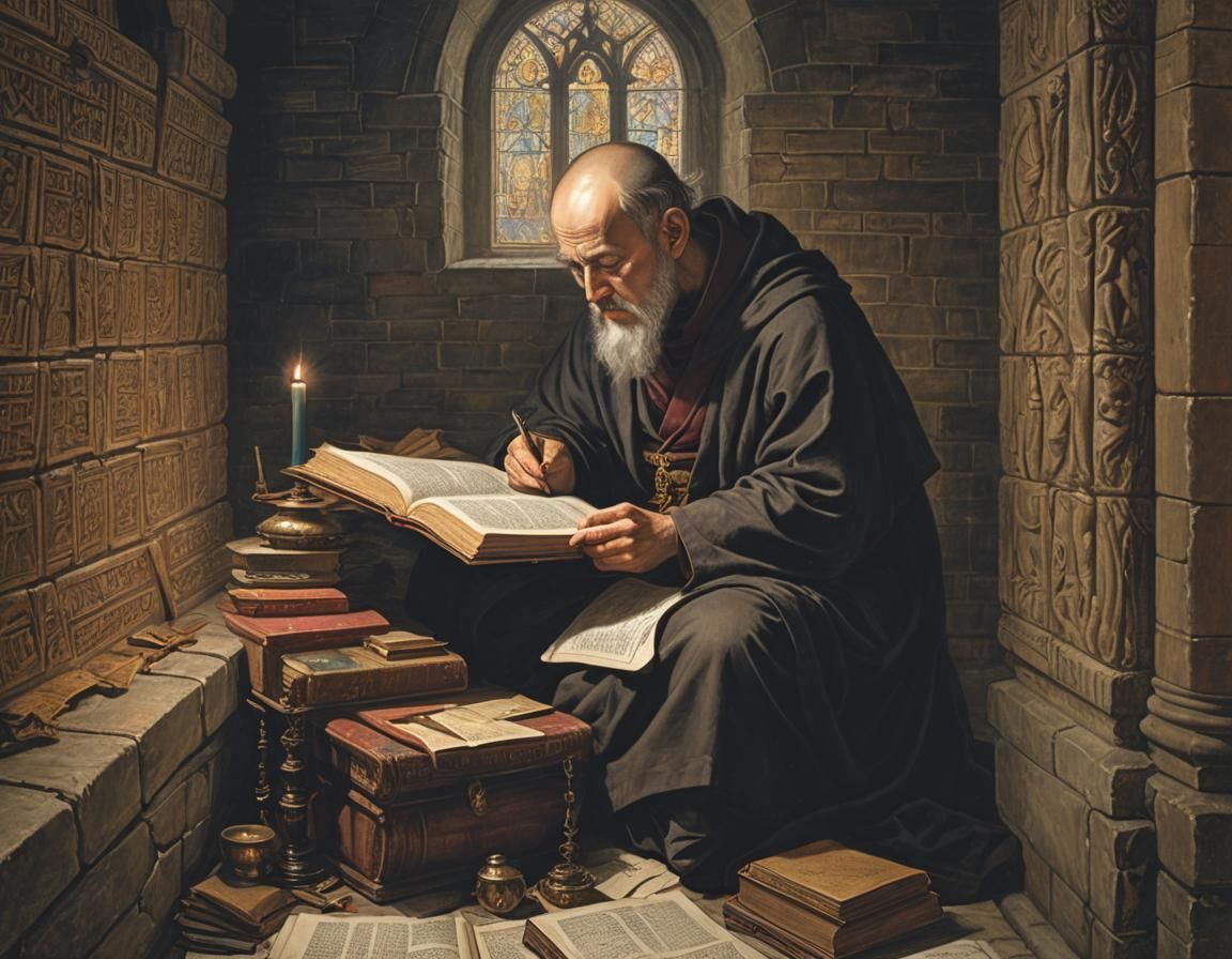 atmospheric rendering of a scholarly monk meticulously transcribing ancient texts in a candlelit monastery, the shadows ...