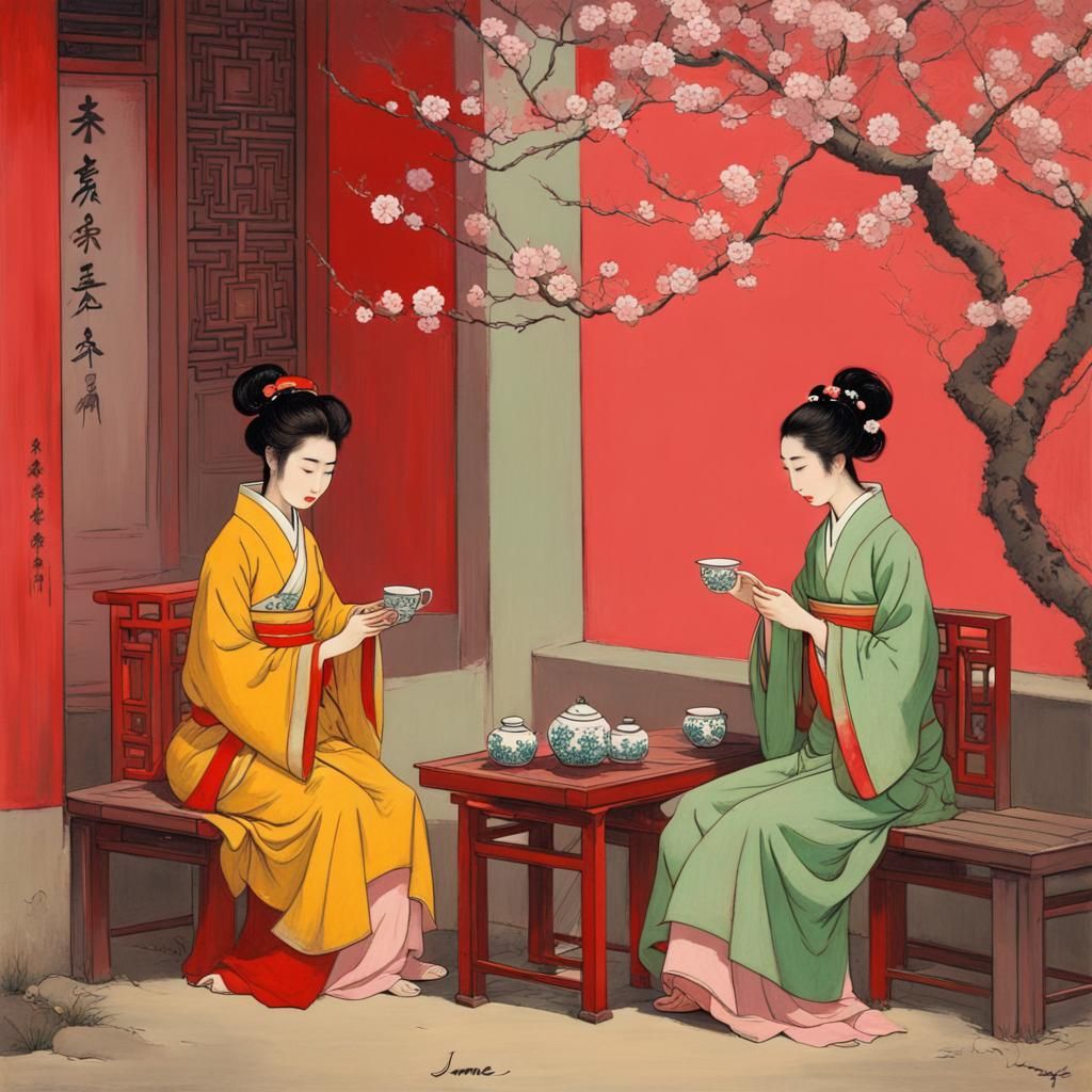 Chinese Ladies Enjoying Tea and Plum Blossoms