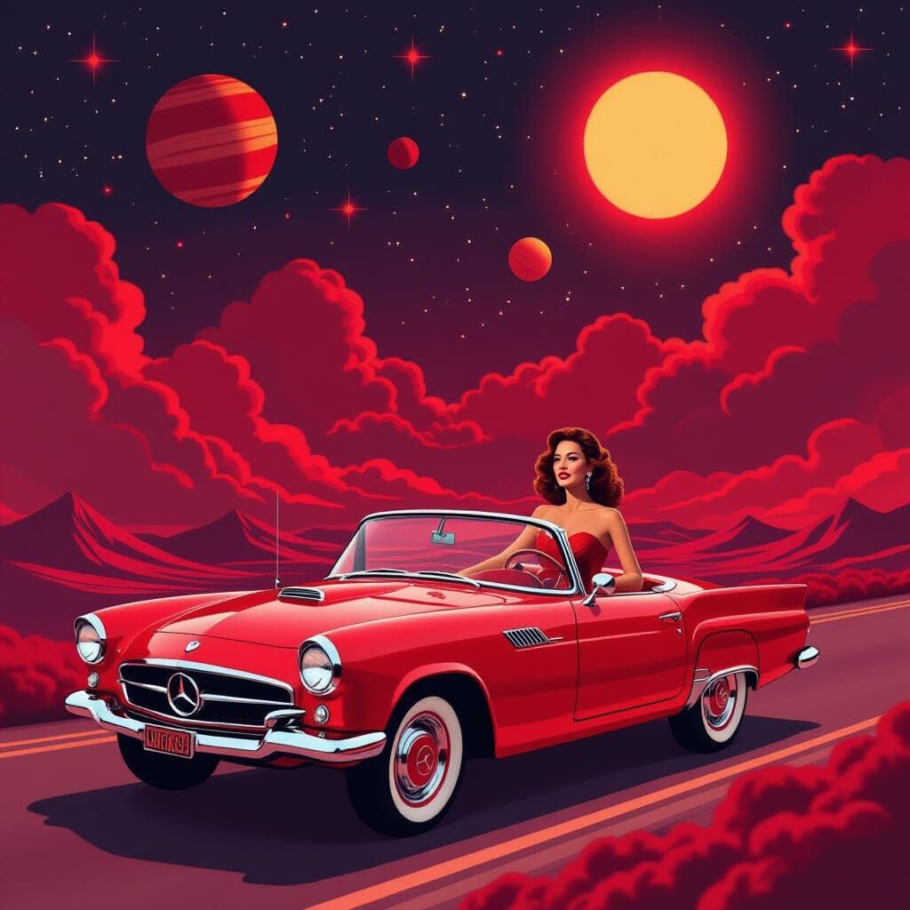Sophia Loren Drives a Red Mercedes Through a Crimson Galaxy