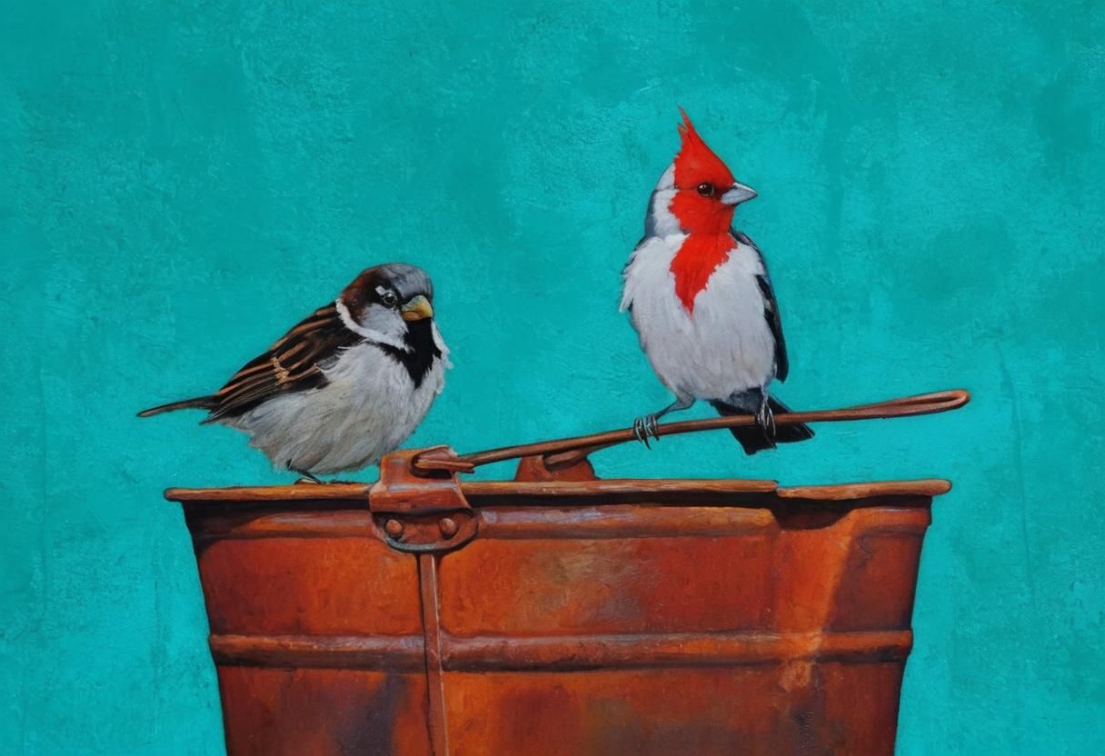 Two Birds Perched on Rusty Brass Bucket in Vibrant Colors