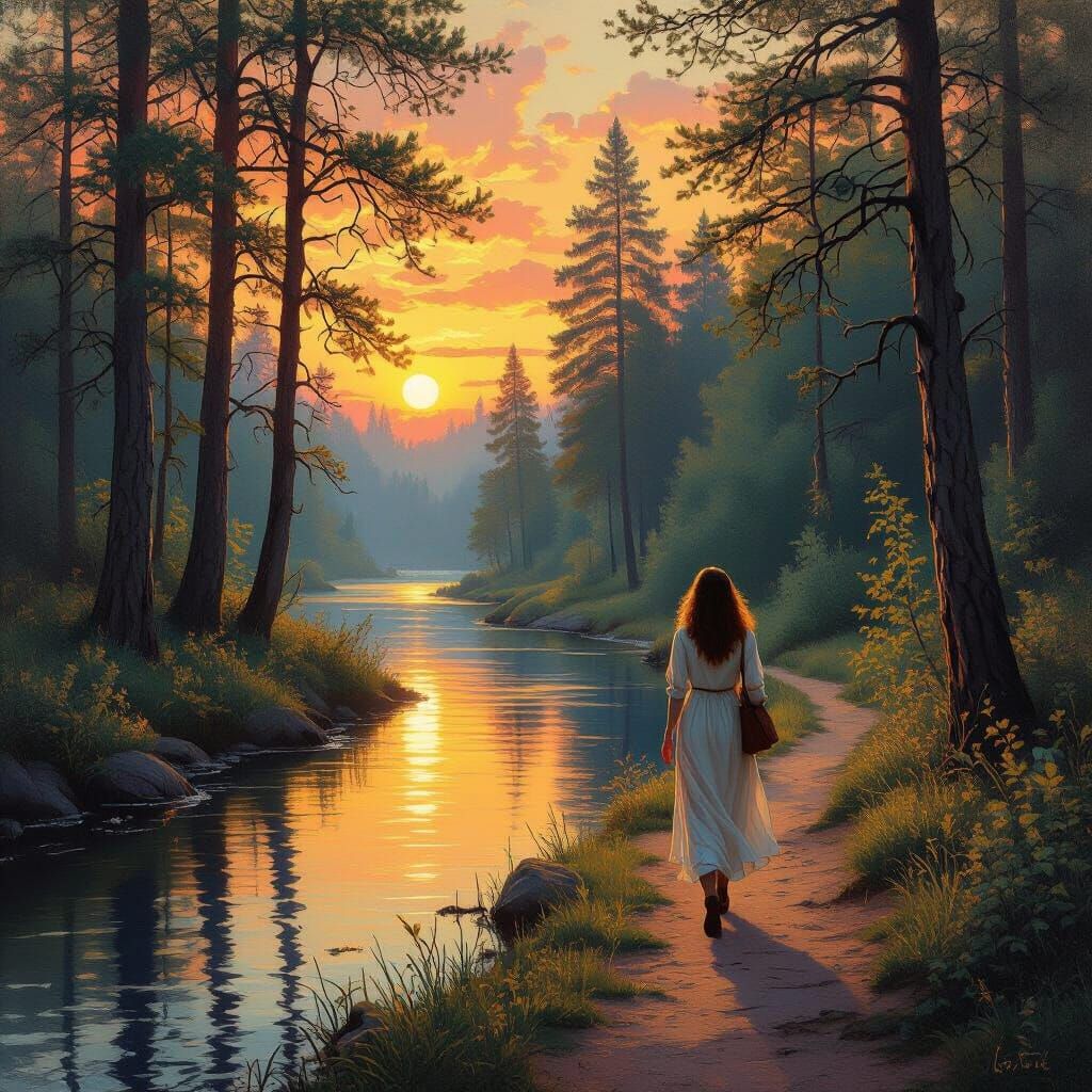 Forest Path at Sunset: A Landscape Painting