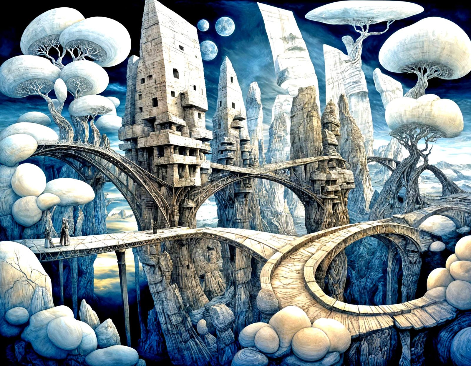 Bioluminescent Tree Over Misty Valley, White-on-White Illust...