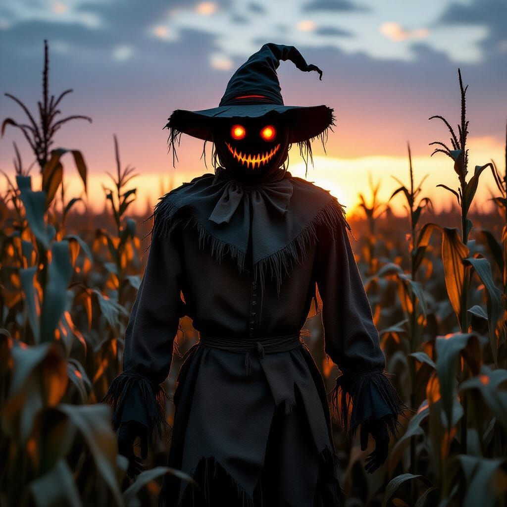 Eerie Scarecrow in Twilight Cornfield