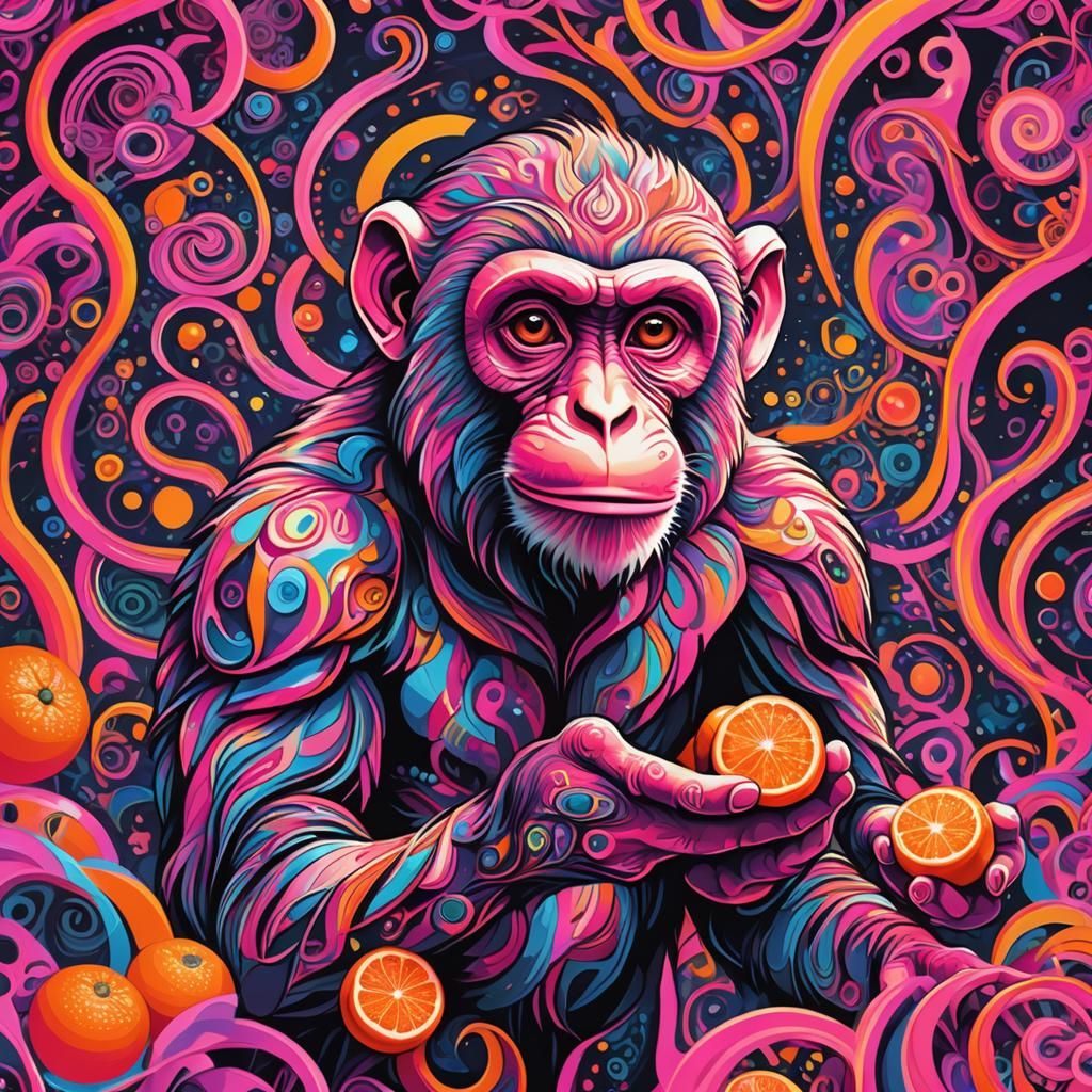 Psychedelic Pink Monkey with Clementine in Vector Art