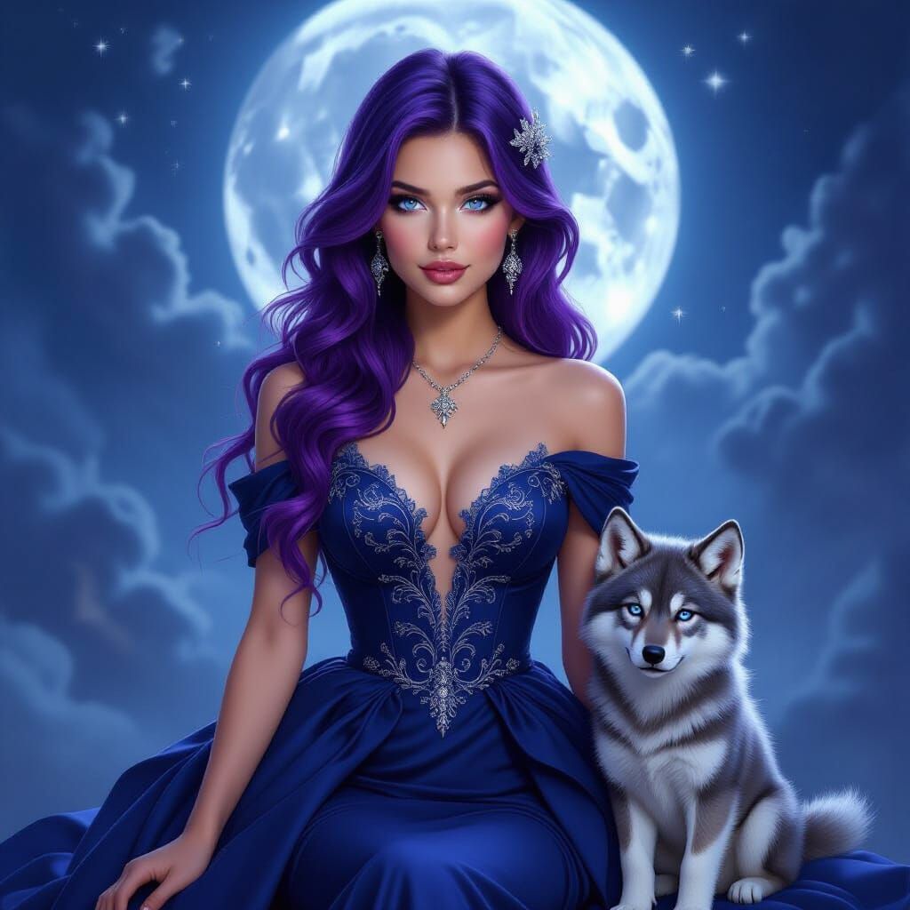 Fantasy Portrait: Woman with Silver Wolf and Purple Hair