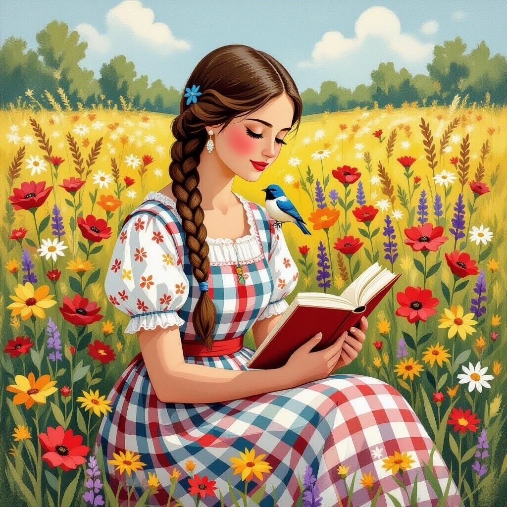 Folk Art Woman Reading Among Wildflowers with Bluebird
