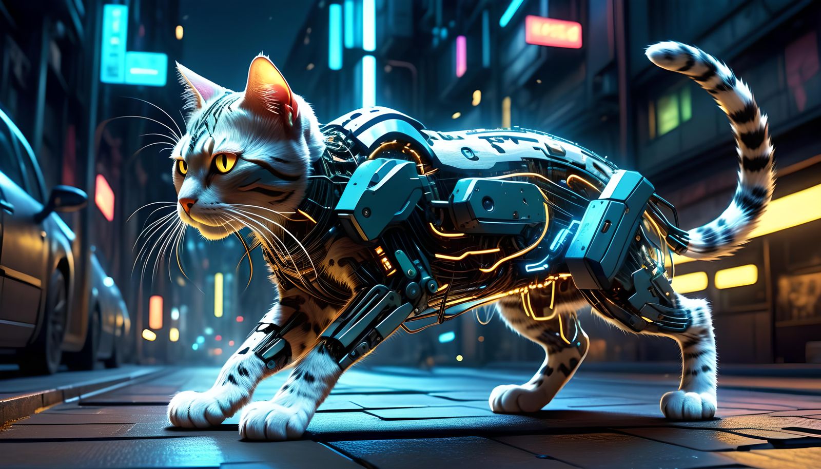 Cyberpunk Anime Cat Chasing Mouse in Neon Cityscape