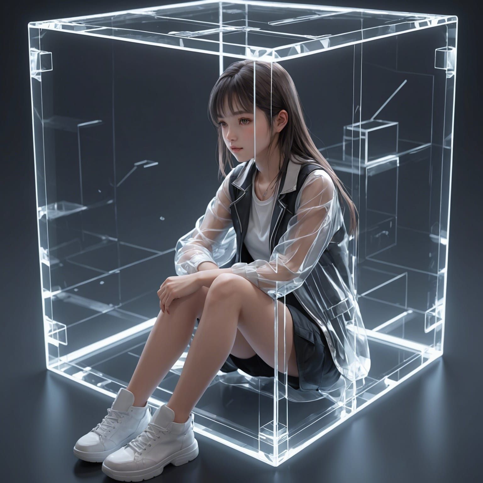 Girl in Transparent Cube: 3D Anime Art