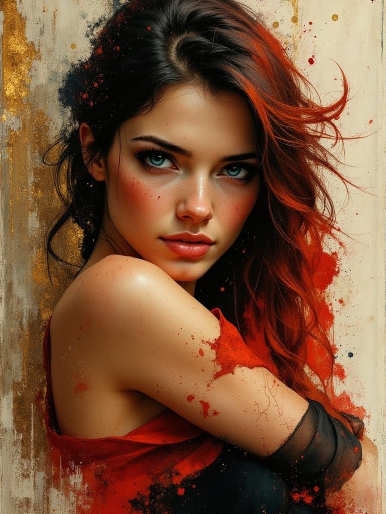 Erotic Goddess Portrait in Red Silk