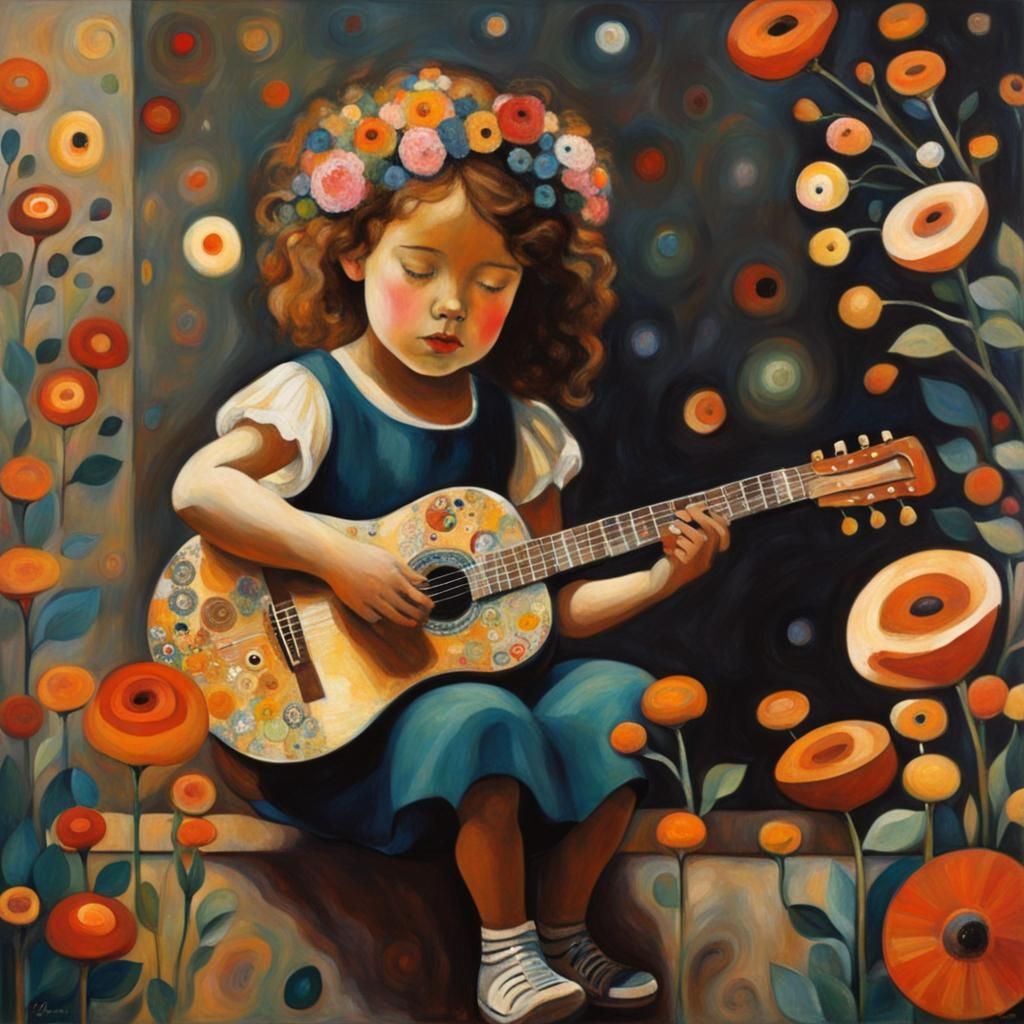 Girl with Guitar: Klimt-Inspired Art with Flowers