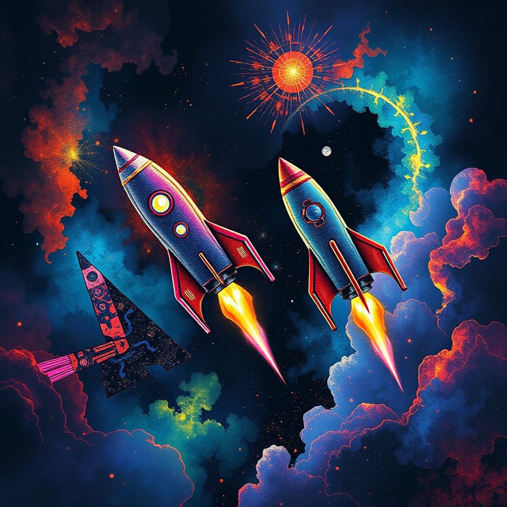 Rocketships Meet in Space with Abstract Color Patterns