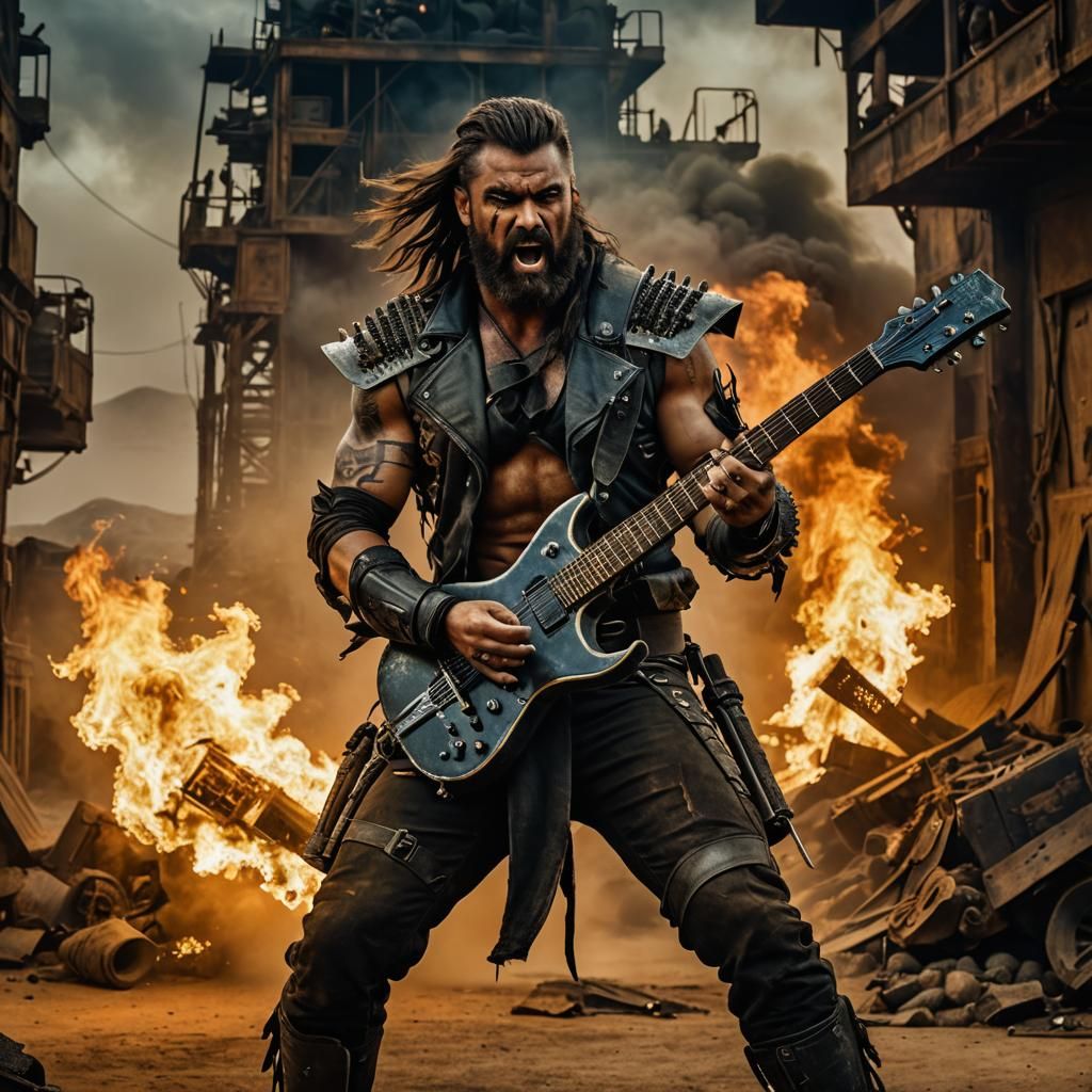 Punk Warrior with Fire Guitar in Mad Max Style