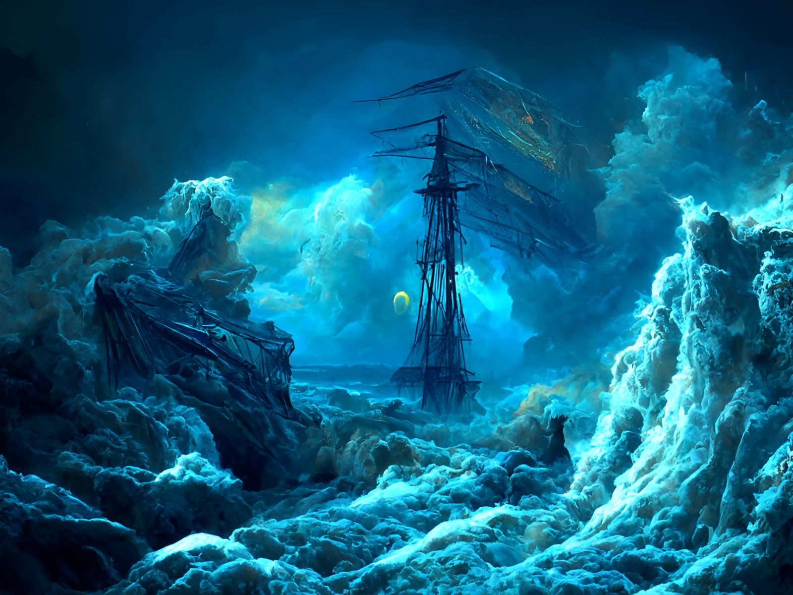 Ghost Ship Sails Stormy Seas: Digital Art
