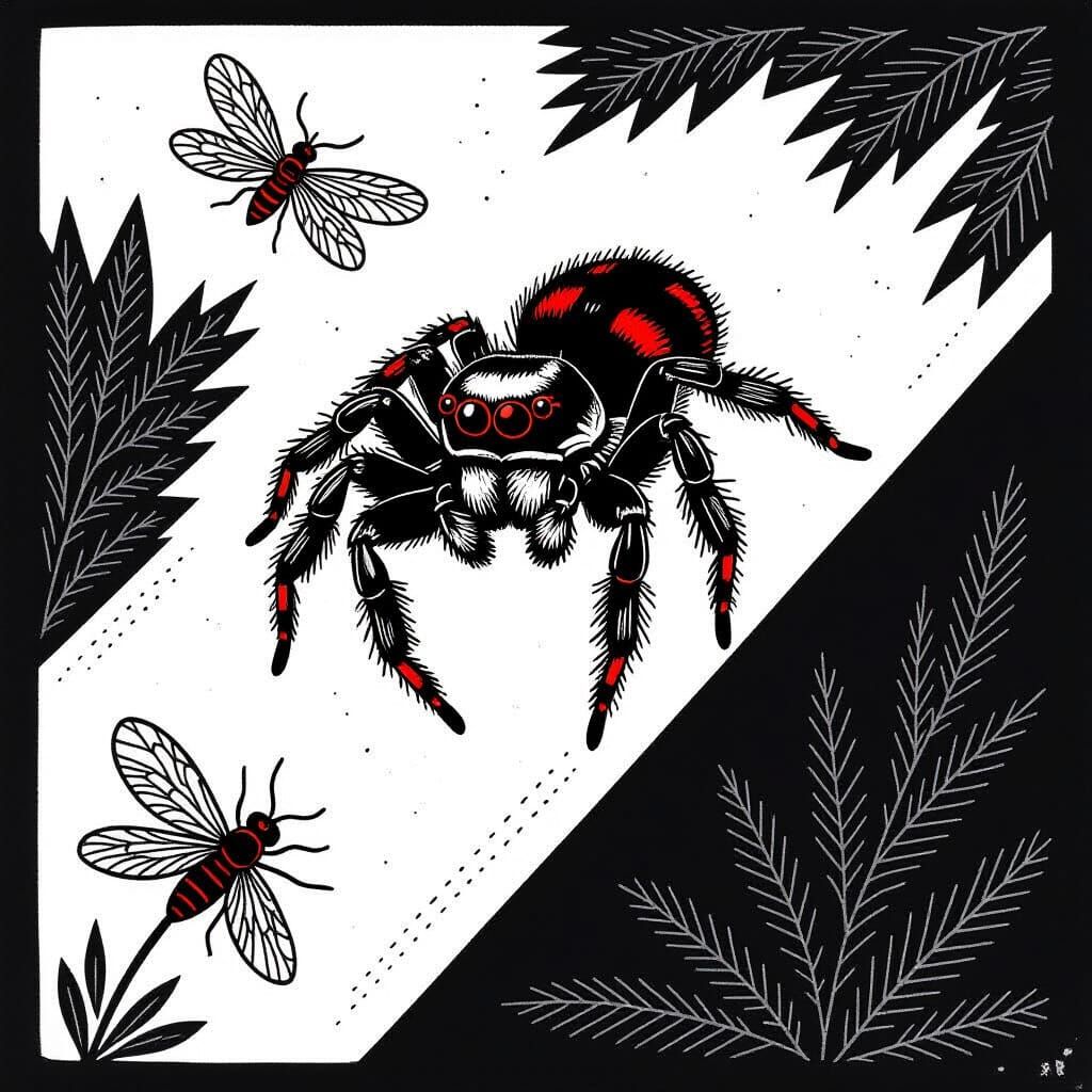 Linocut Style Jumping Spider and Fly Illustration