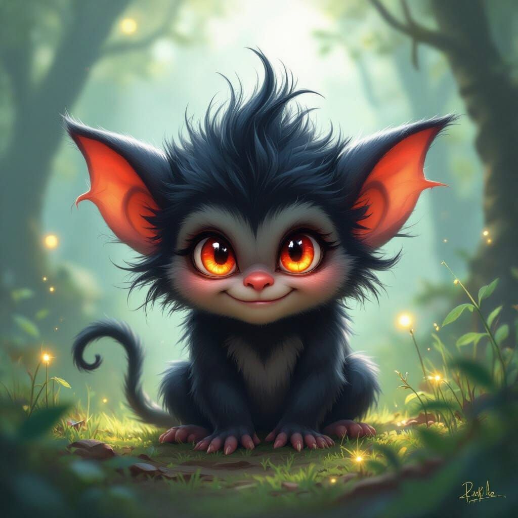Mischievous Gremlin with Glowing Red Eyes in Enchanted Fores...