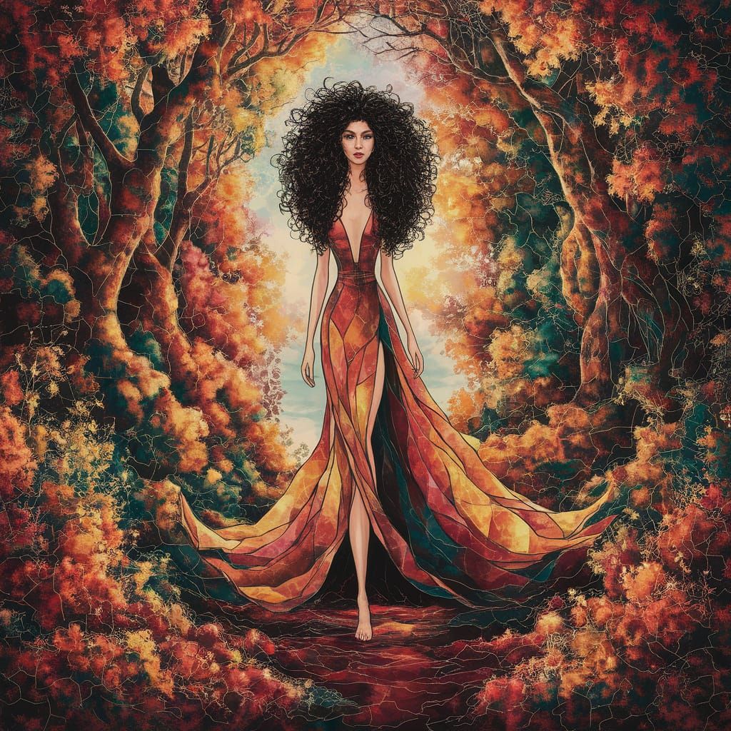 Woman in Forest: Detailed Abstract Art Piece