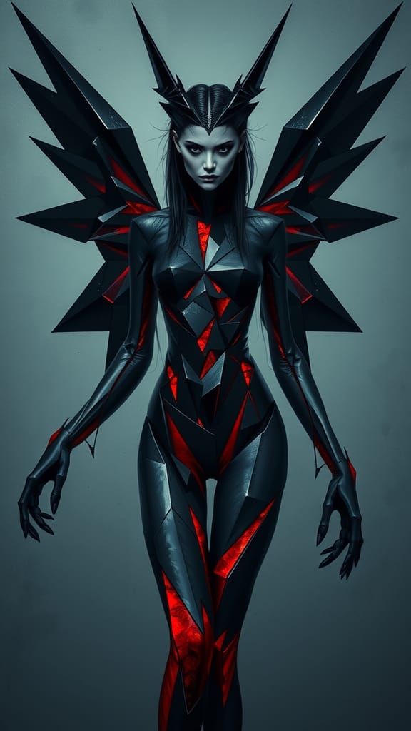 A demon man shrouded in dark mystique, her gothic beauty reimagined through the prism of cubism, geometric fragments of...