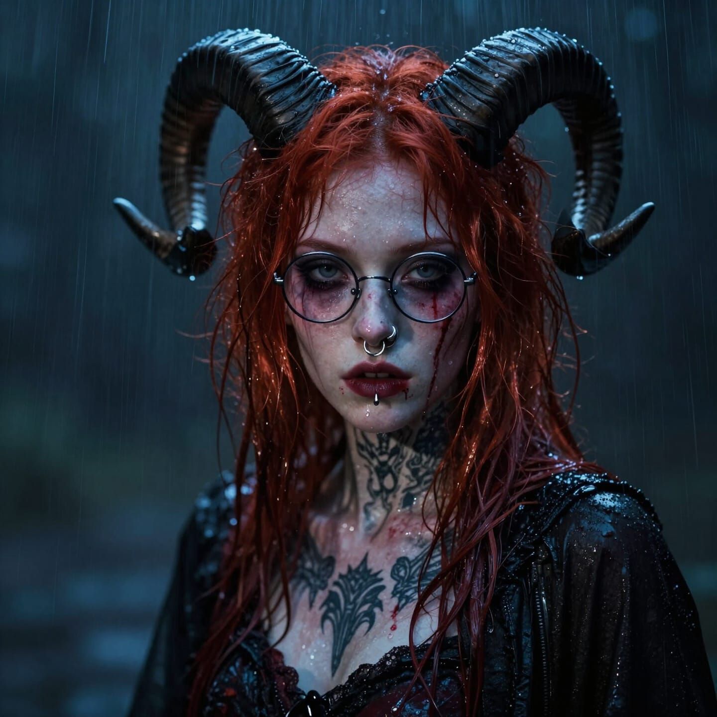 Androgynous Demon Girl With Ram Horns In Rain
