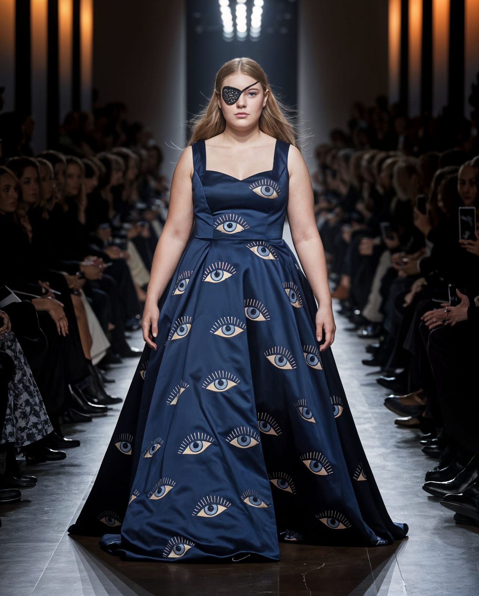 Elegant Swedish Woman Struts High Fashion Runway in Navy Blu...