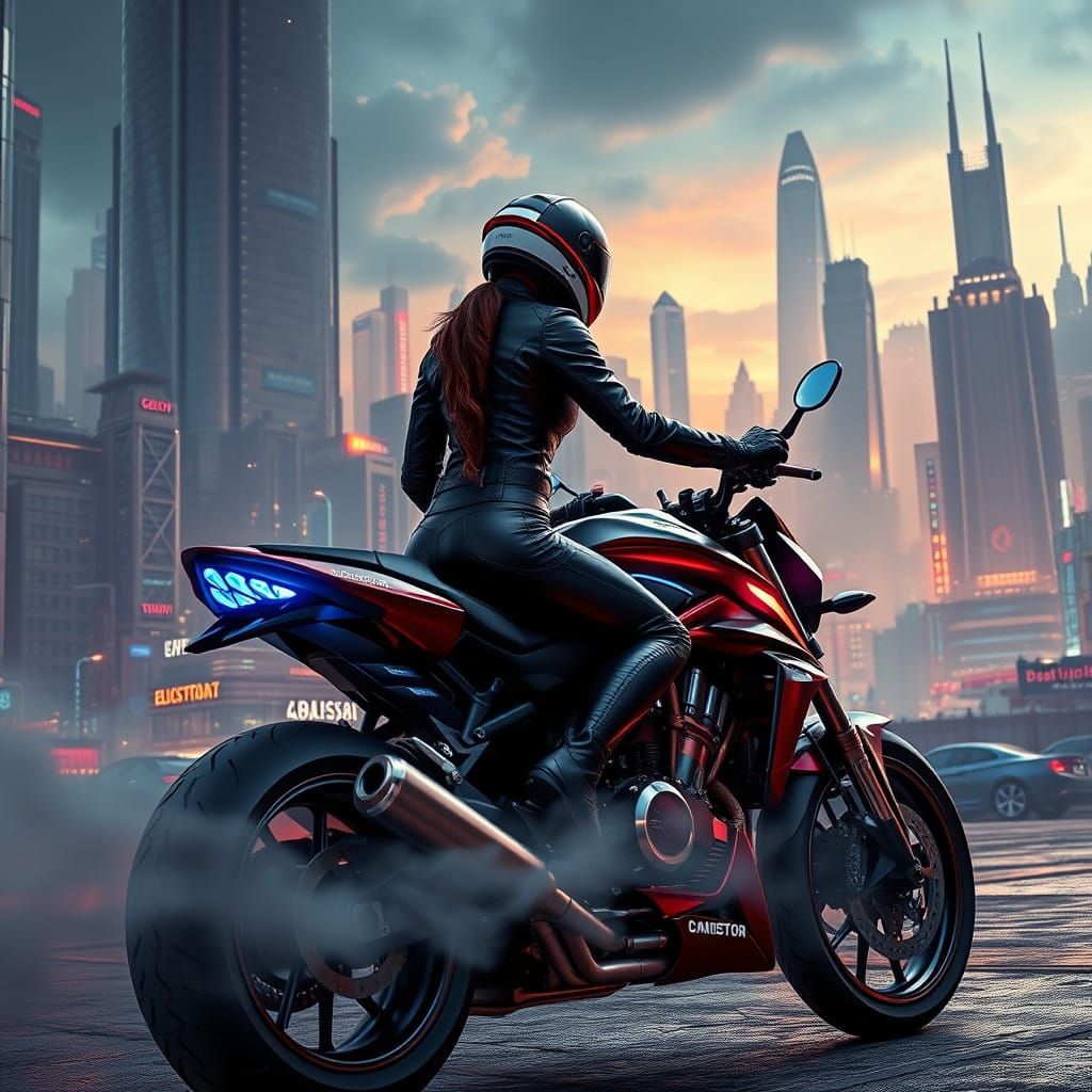 Cyberpunk Woman Cruises Futuristic City on Neon Motorcycle