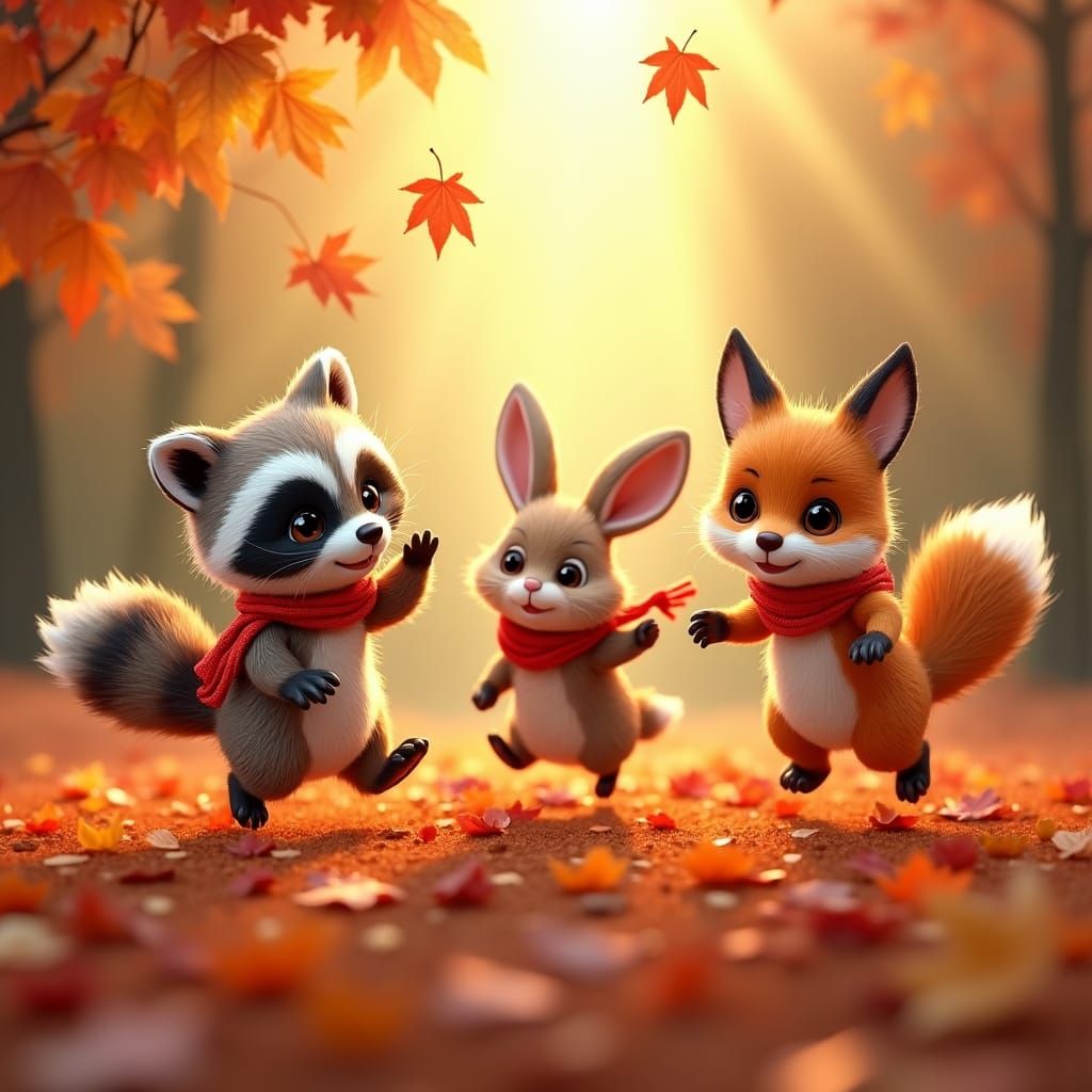 Forest Friends Frolic in Autumn Leaves, 3D Digital Art