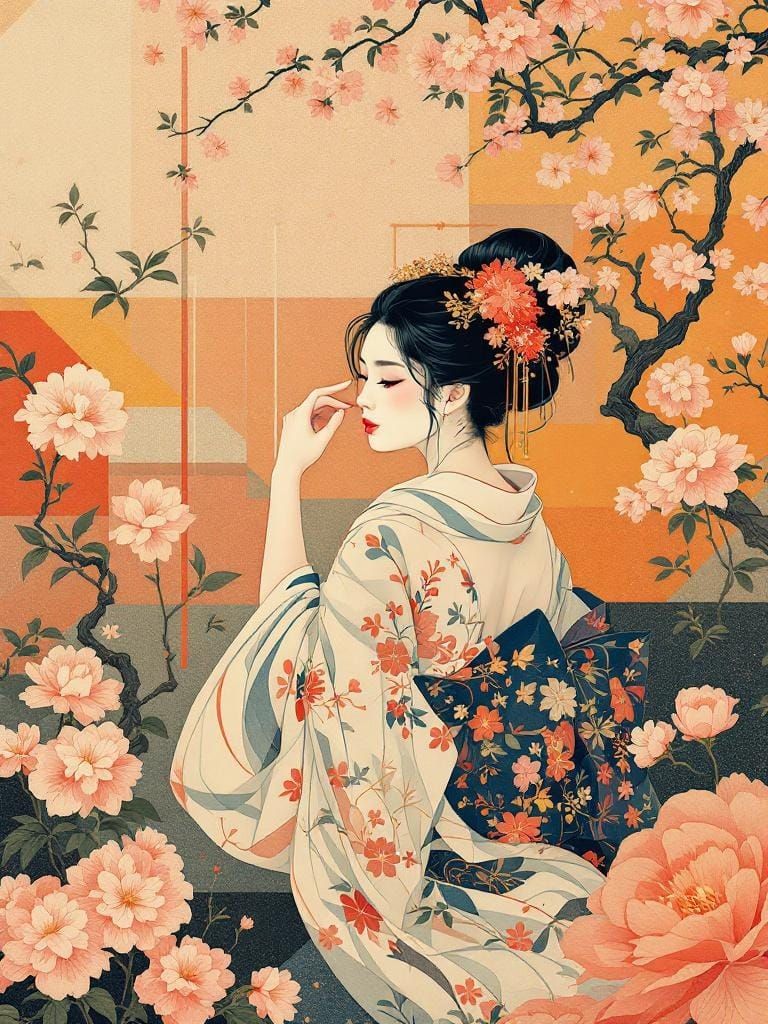 Ukiyo-e Fusion: Abstract Pin-Up in Retro Garden
