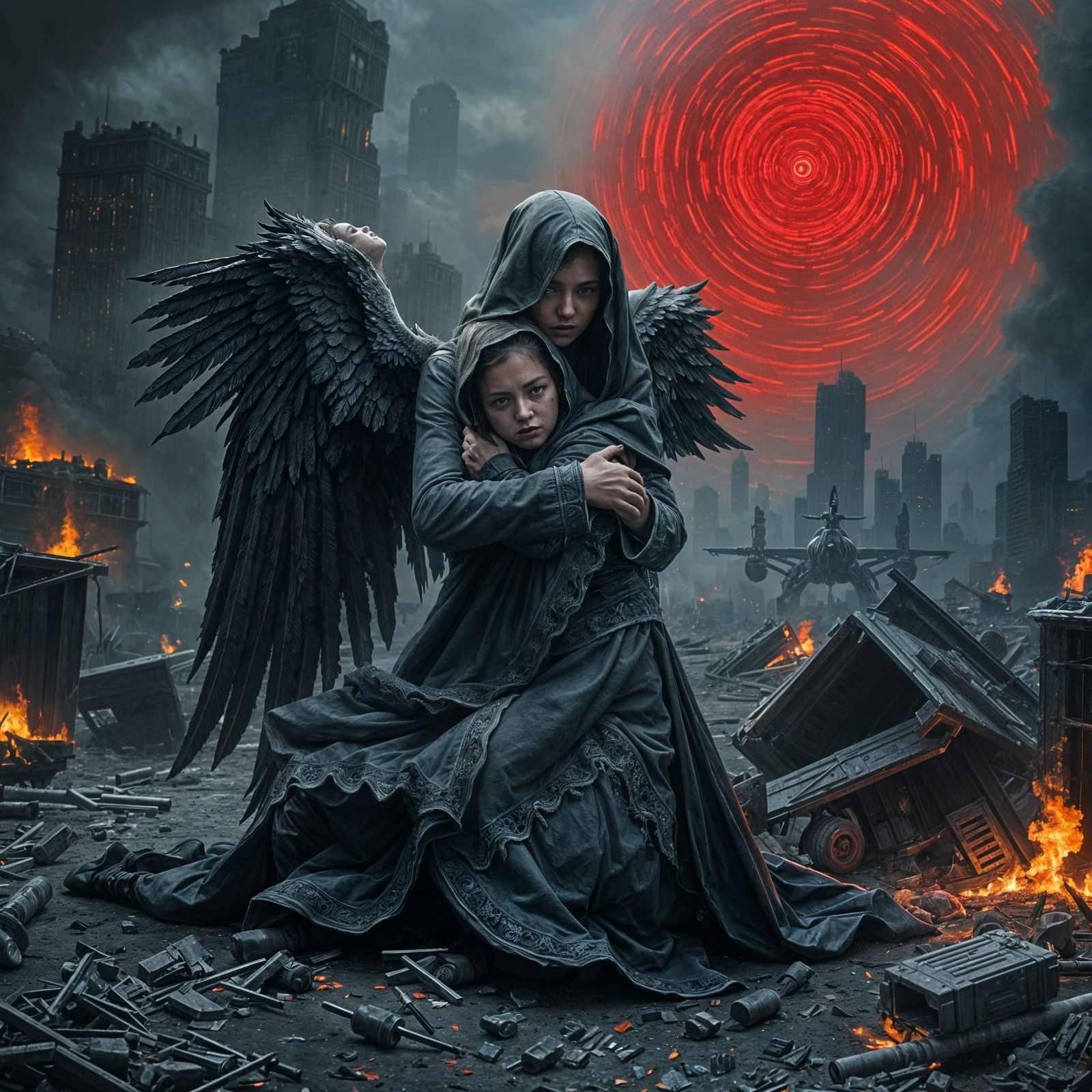 Gothic Fallen Angel Embracing Child in Urban Apocalypse