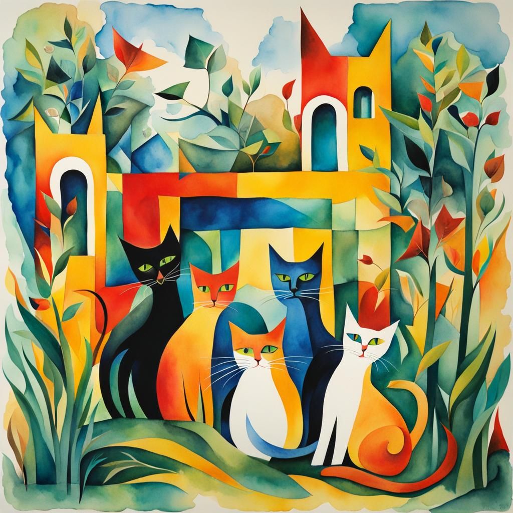 Cats Playing in Garden: Dali and Picasso Style