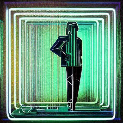 Neon Cubist Woman on Pedestal in Digital Art