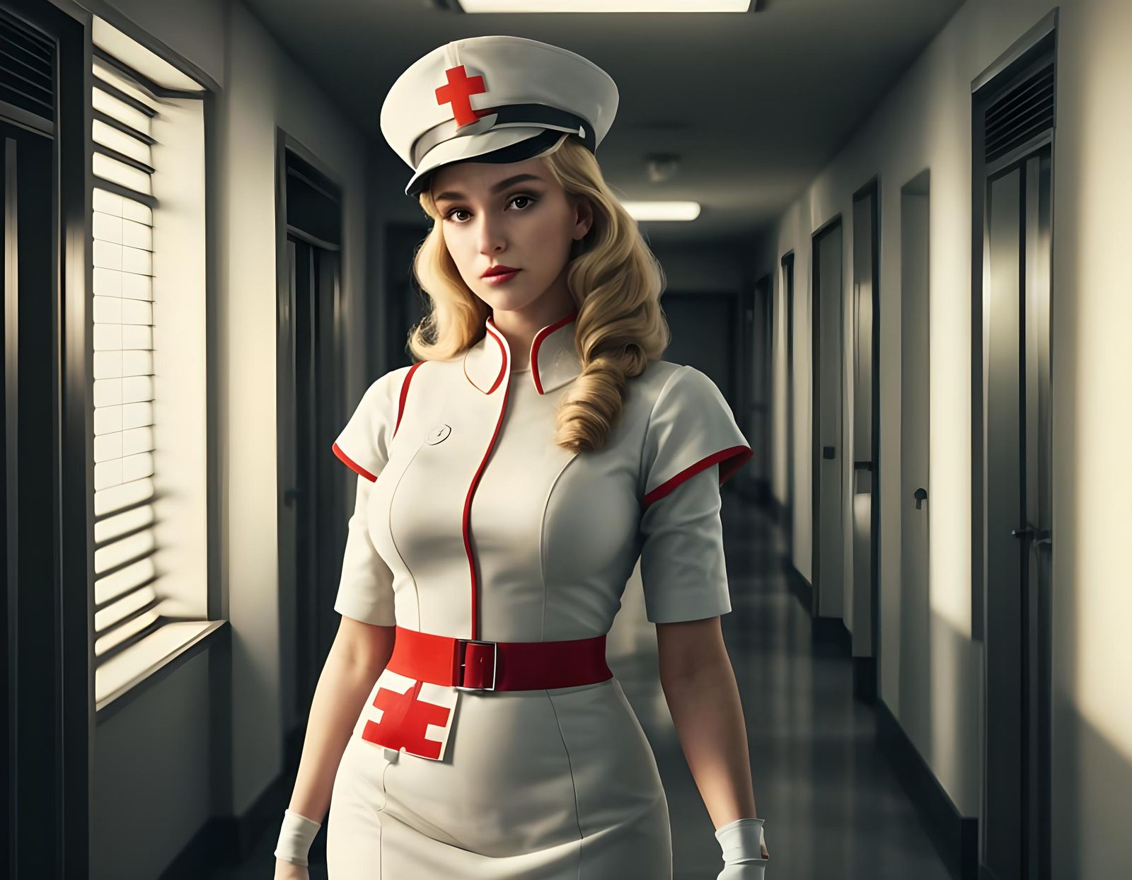 Retro-Futuristic Nurse in Hospital Hallway