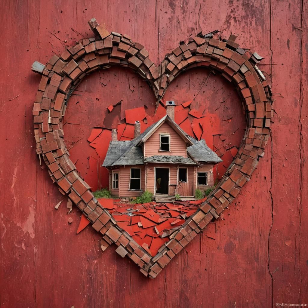 Heart-Shaped Broken House with Mystical Red Background
