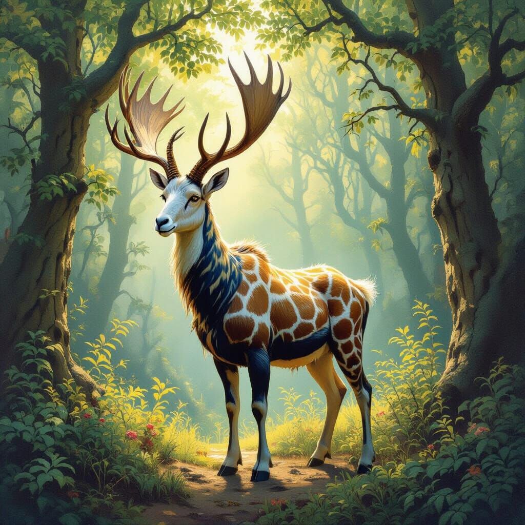 Surreal Hybrid Creature: Goat, Moose, Giraffe in Mystical Fo...