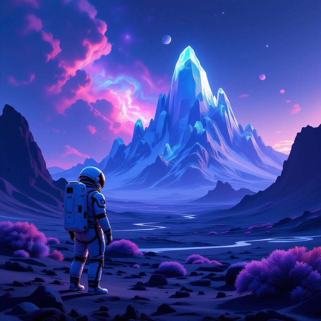 Astronaut on Alien Planet Gazing at Crystal Mountains