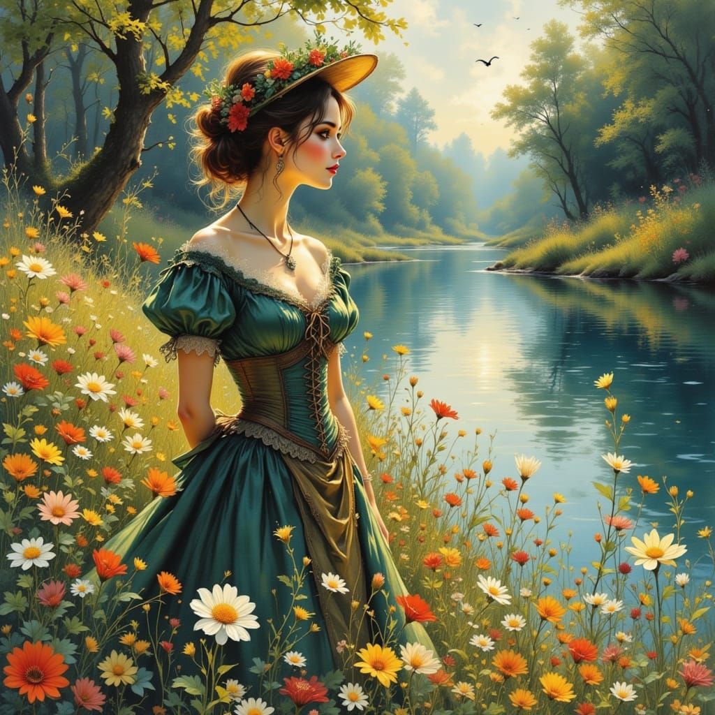 Victorian Woman by River with Flowers