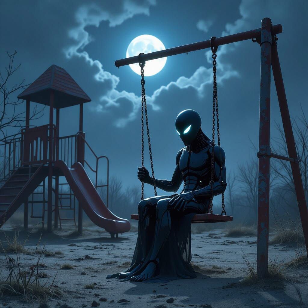 Bioluminescent Figure in Desolate Playground at Night