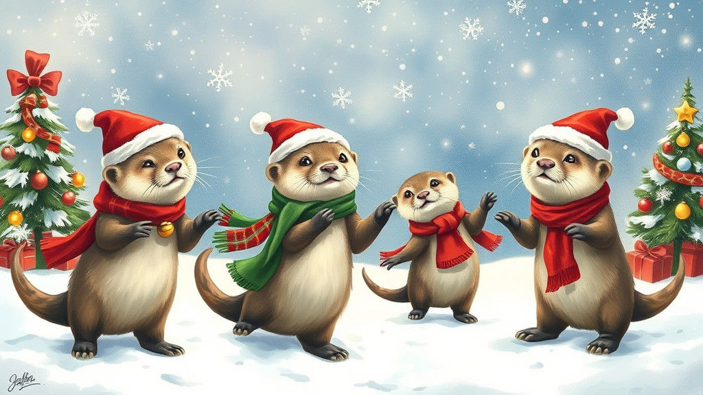 Cheerful Otters Dance in Whimsical Winter Wonderland