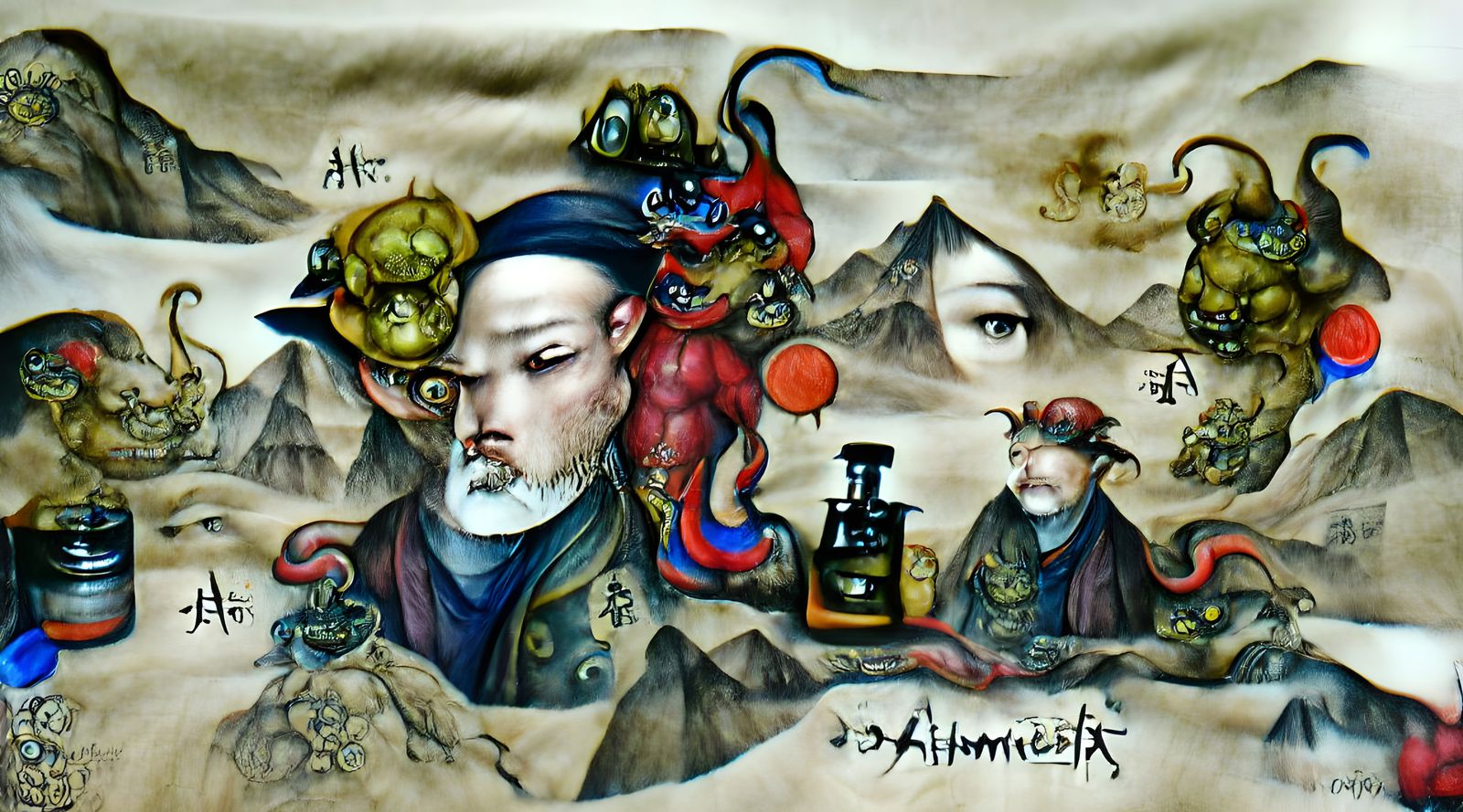 Alchemist Chimera Face in Chinese Ink Painting