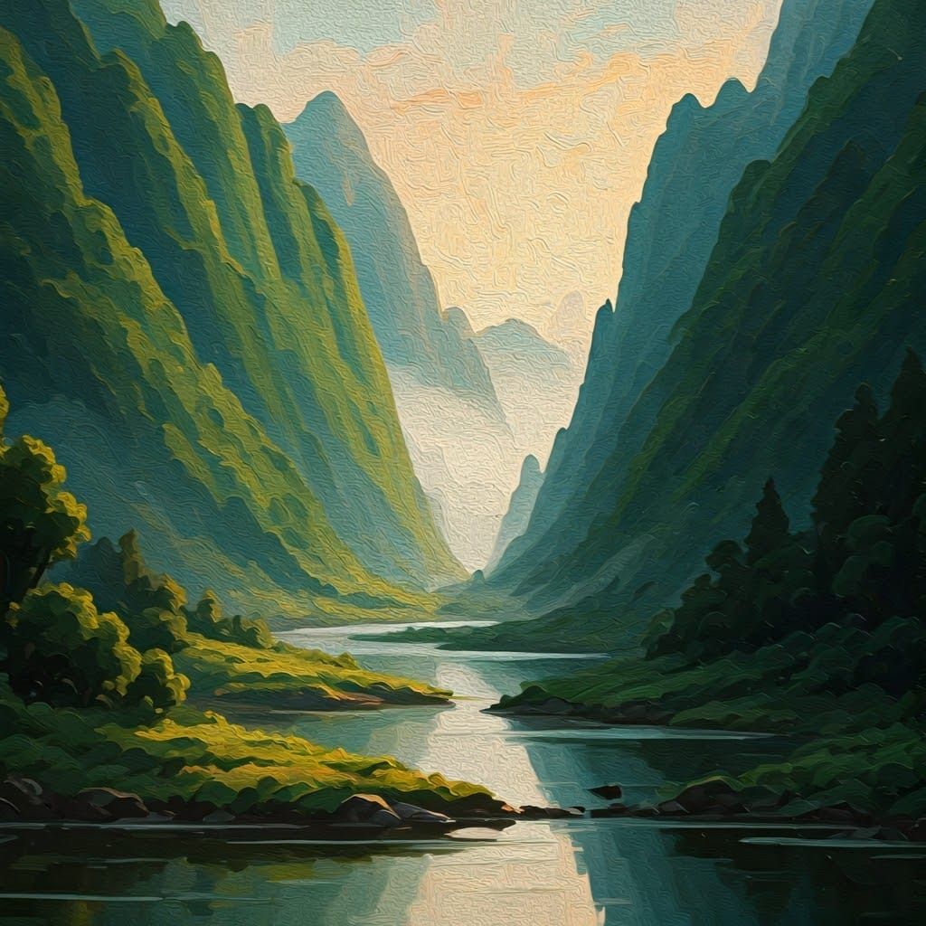 Impressionist Sunrise Over Misty Mountain River