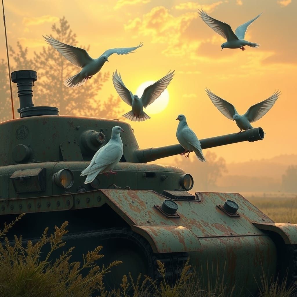 Doves and Tank in Golden Light