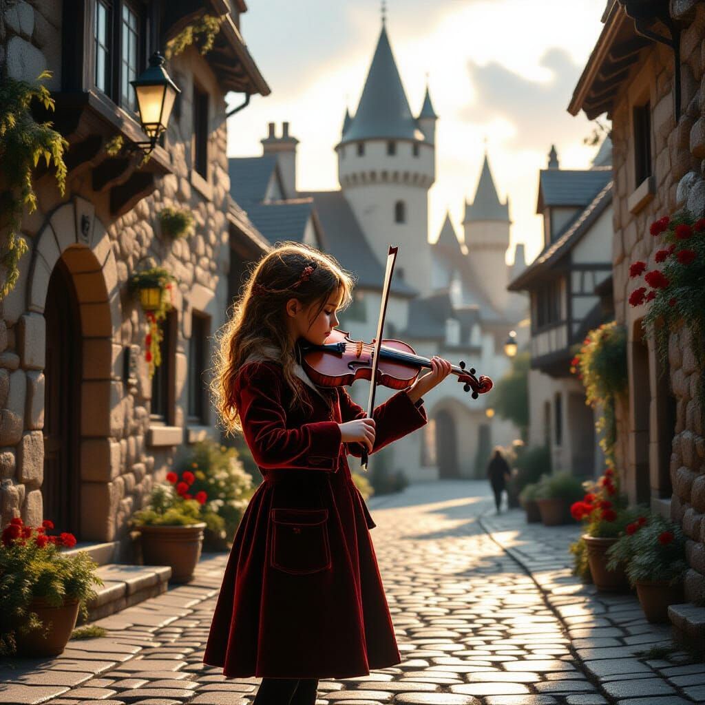 Girl Plays Violin in Castle Village, Cinematic Lighting